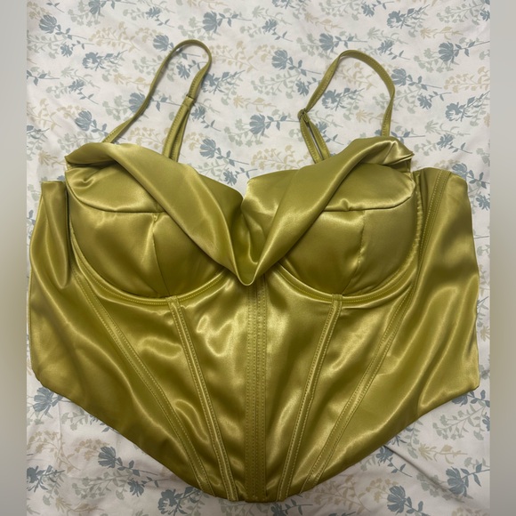Parthea - Draped Seam Front Satin Cami Corset Top | Light Green| Size: 2XL - Picture 3 of 5